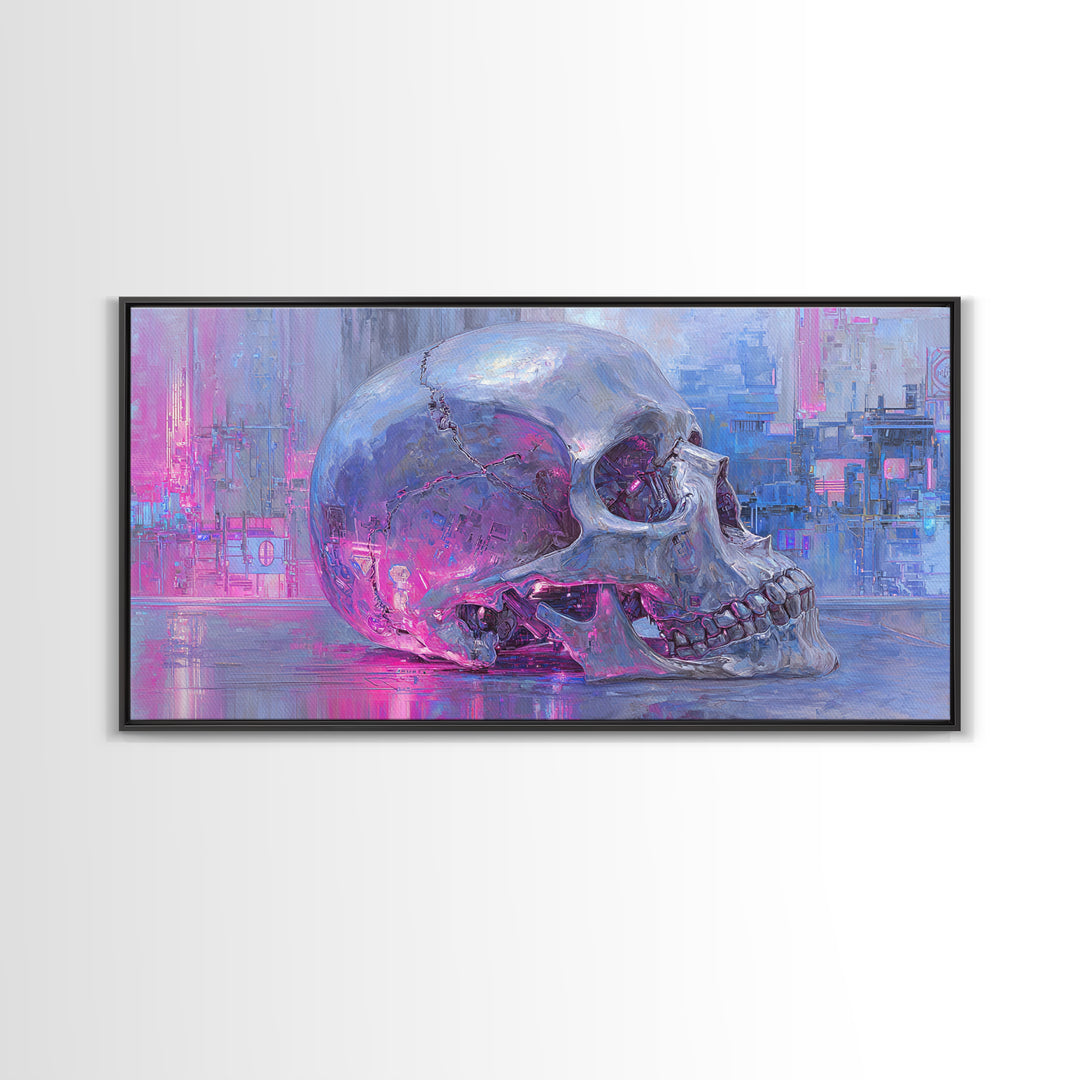 Cyberpunk Skull with Chrome and Violet Light Canvas Print, Cyberpunk Art, Cyberpunk 2077, Living Room Decor, Fine Art, Neon, CYB-2x1-64
