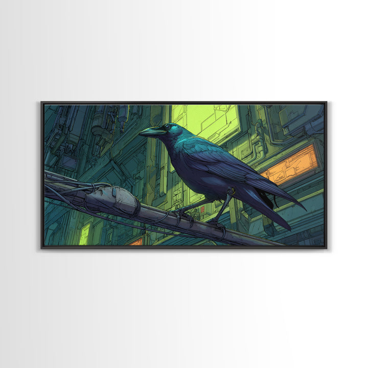 Cybernetic Raven Perched on a Cable Framed Canvas Print, Cyberpunk Art, Art Print, Living Room Decor, Fine Art, Neon, CYB-2x1-7