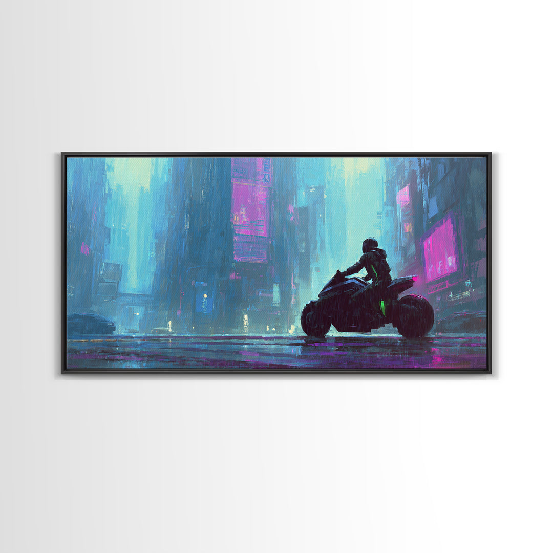 Motorcycle Rider under Holographic Signs Framed Canvas Print, Cyberpunk Art, Gothic Decor, Living Room Decor, Fine Art, Neon, CYB-2x1-72