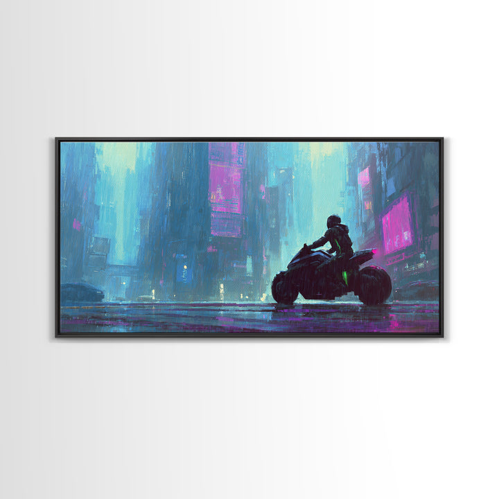Motorcycle Rider under Holographic Signs Framed Canvas Print, Cyberpunk Art, Gothic Decor, Living Room Decor, Fine Art, Neon, CYB-2x1-72