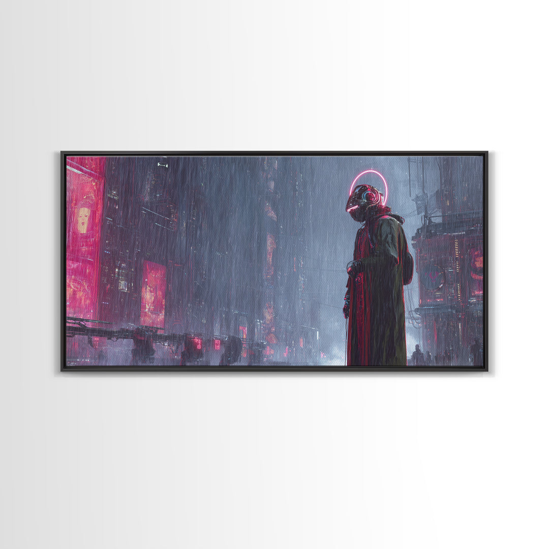 Masked Hacker Figure Canvas Print, Cyberpunk Art, Digital Wall Art, Living Room Decor, Fine Art, Neon, Man Cave Decor, CYB-2x1-74
