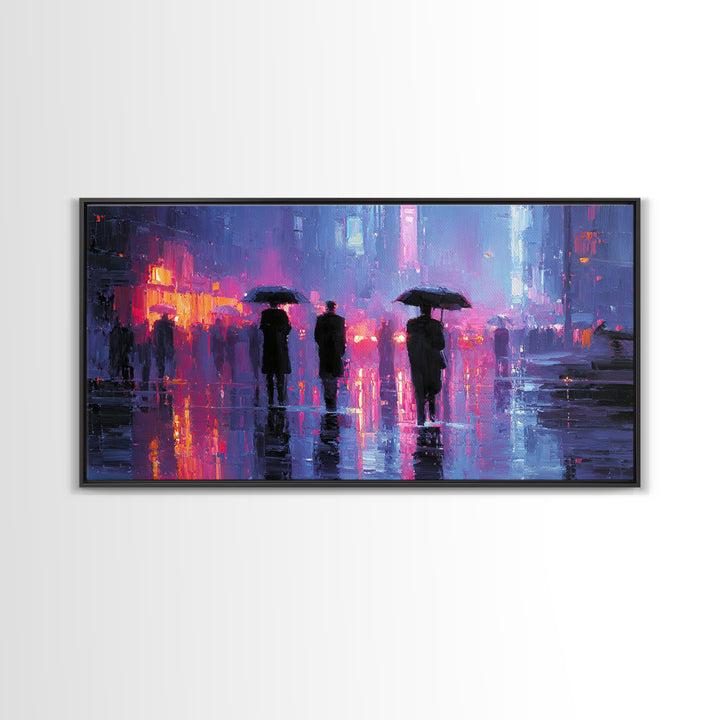 Glowing Umbrella Figure Framed Canvas Print, Cyberpunk Art, Wall Decor, Living Room Decor, Fine Art, Neon, Japanese Art, CYB-2x1-83