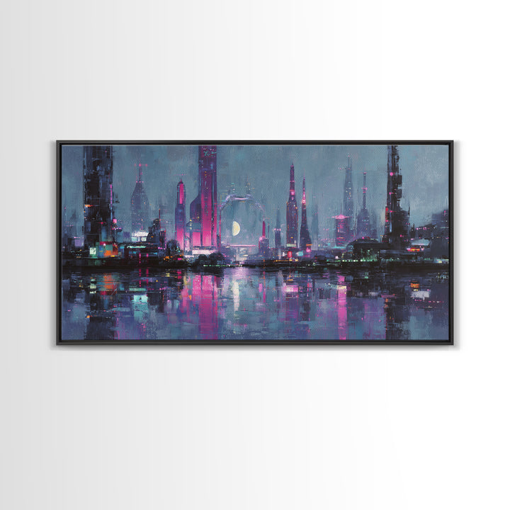 Dystopian Moon over Dense Rooftops Framed Canvas Print, Cyberpunk Art, Digital Art, Living Room Decor, Fine Art, Neon, CYB-2x1-86