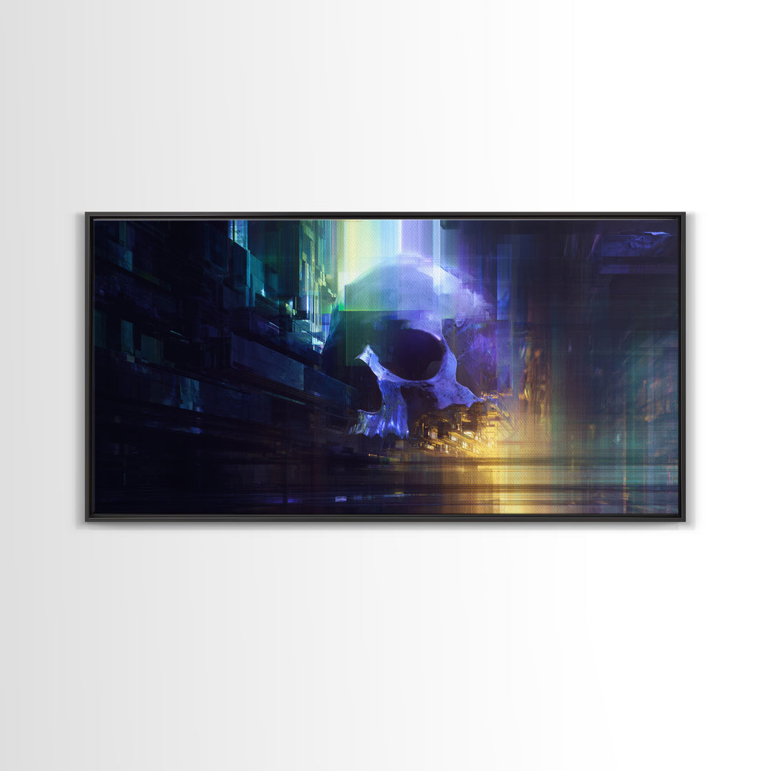 Cyberpunk Skull with Chrome and Violet Light Framed Canvas Print, Cyberpunk Art, Japanese Wall Art, Living Room Decor, Neon, CYB-2x1-88