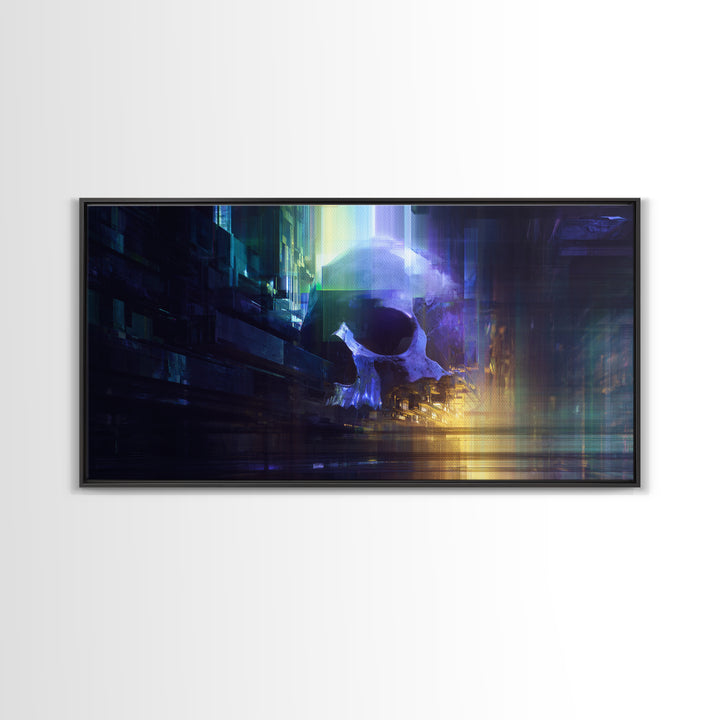 Cyberpunk Skull with Chrome and Violet Light Framed Canvas Print, Cyberpunk Art, Japanese Wall Art, Living Room Decor, Neon, CYB-2x1-88