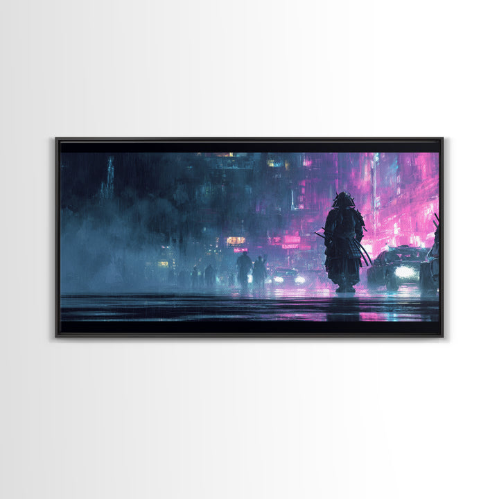 Neon Samurai Portrait Canvas Print, Cyberpunk Art, Cool Wall Art, Living Room Decor, Neon, Gallery Decor, Neutral Decor, CYB-2x1-93