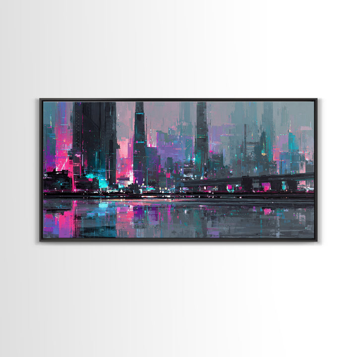 Futuristic City Skyline Canvas Print, Cyberpunk Art, Cyberpunk 2077, Living Room Decor, Fine Art, Neon, Cyberpunk Decor, CYB-2x1-94