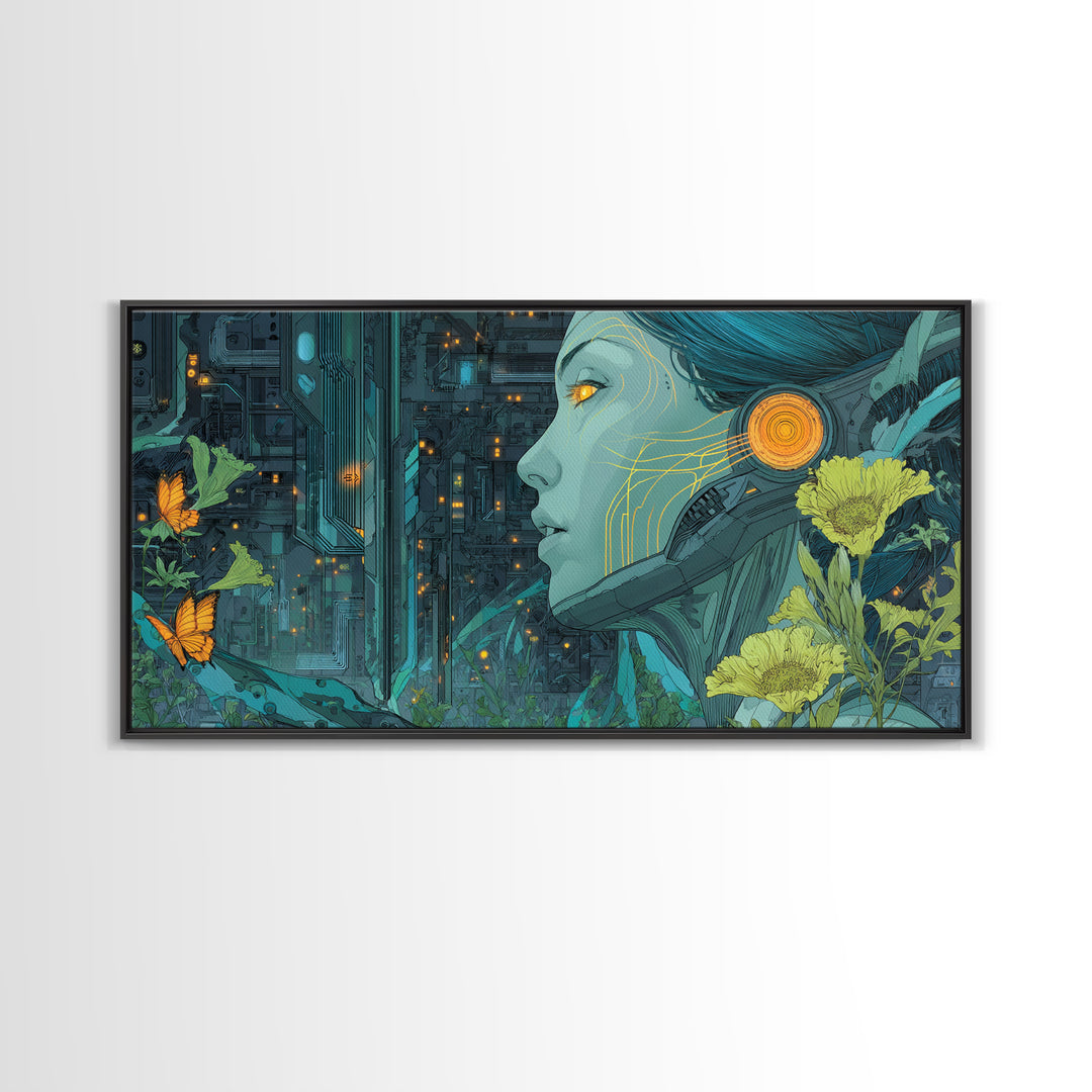 Android Woman with Glowing Circuitry and Flowers Canvas Print, Cyberpunk Art, Neutral Decor, Living Room Decor, Neon, CYB-2x1-95