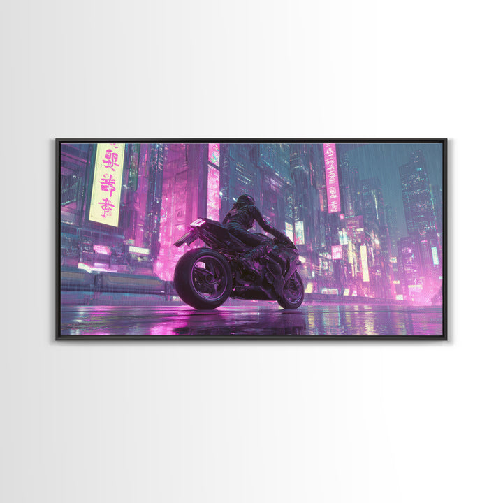 Motorcycle Rider under Holographic Signs Framed Canvas Print, Cyberpunk Art, Man Cave Decor, Living Room Decor, Fine Art, Neon, CYB-2x1-96