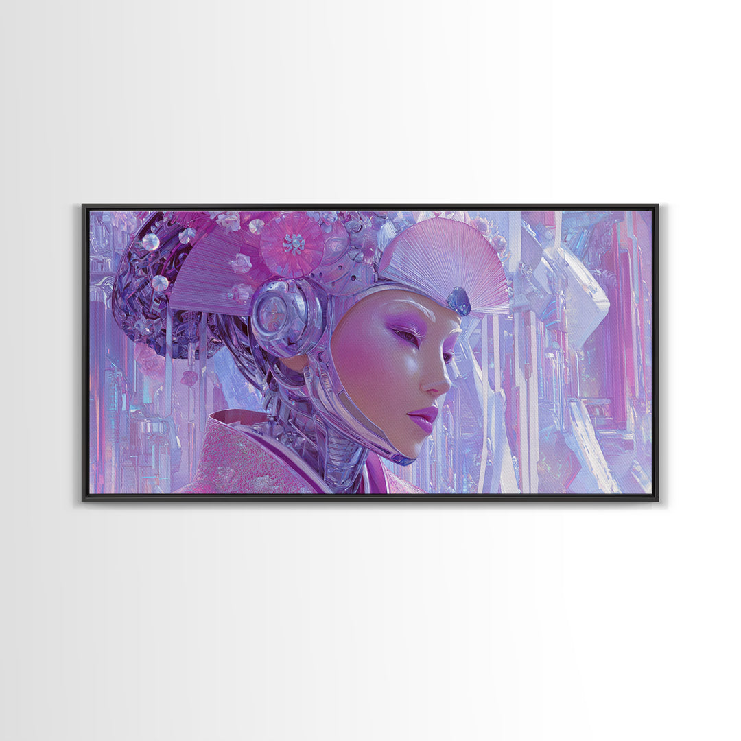 Robot Geisha Portrait Framed Canvas Print, Cyberpunk Art, Cool Wall Art, Living Room Decor, Fine Art, Neon, Gallery Decor, CYB-2x1-99