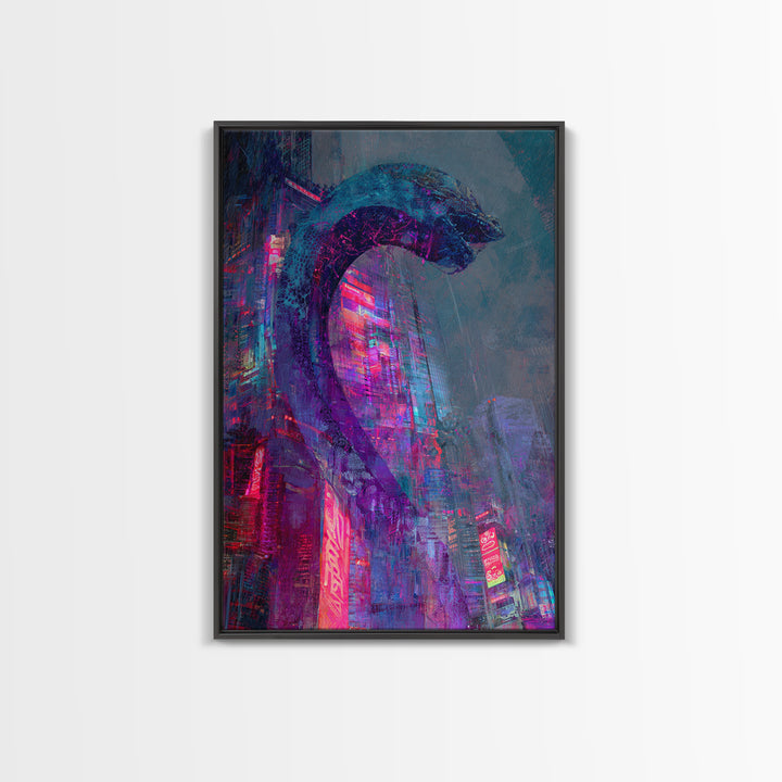 Neon Dragon Wrapped Around Skyscraper Shapes Framed Canvas Print, Cyberpunk Art, Poster, Living Room Decor, Fine Art, Neon, CYB-2x3-22