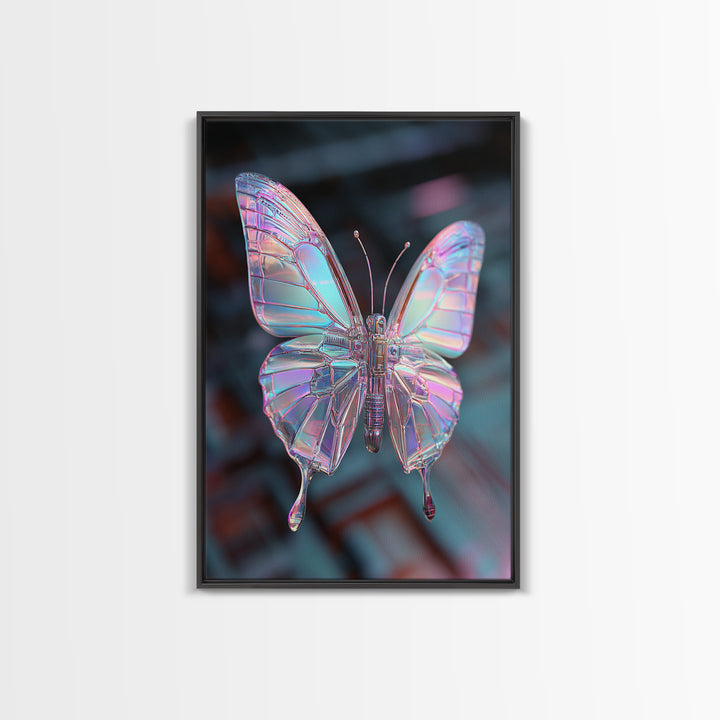Holographic Butterfly over Black Metal Surface Canvas Print, Cyberpunk Art, Home Decor, Living Room Decor, Fine Art, Neon, CYB-2x3-27