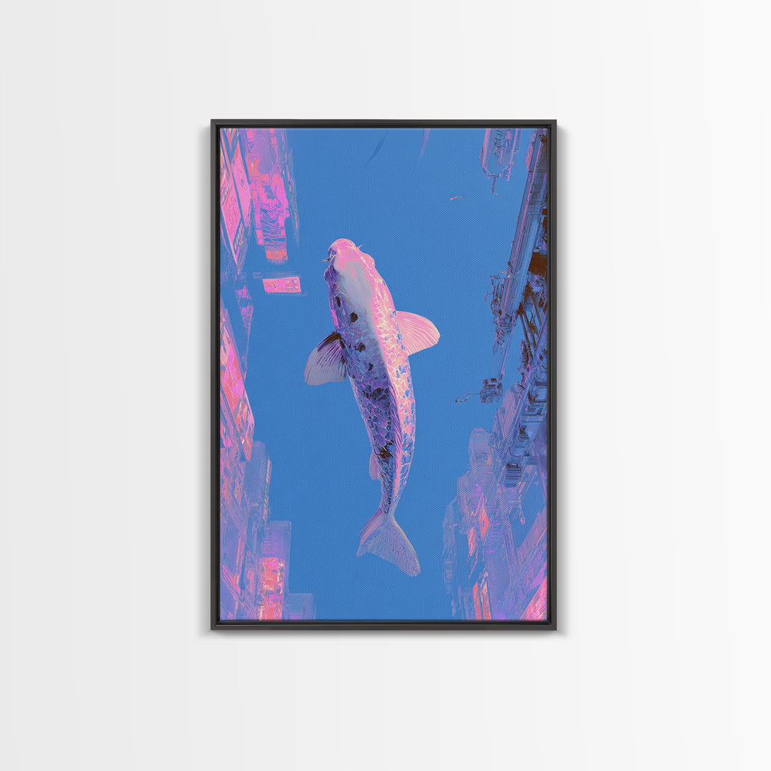 Cyberpunk Koi Swimming Through Electric Blue Water Framed Canvas Print, Cyberpunk Art, Movie Posters, Living Room Decor, Neon, CYB-2x3-37