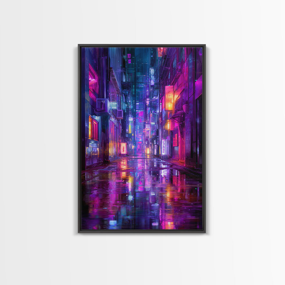 Rain Soaked Alley Canvas Print, Cyberpunk Art, Contemporary Art, Living Room Decor, Abstract Art, Neon, Canvas Wall Art, CYB-2x3-40