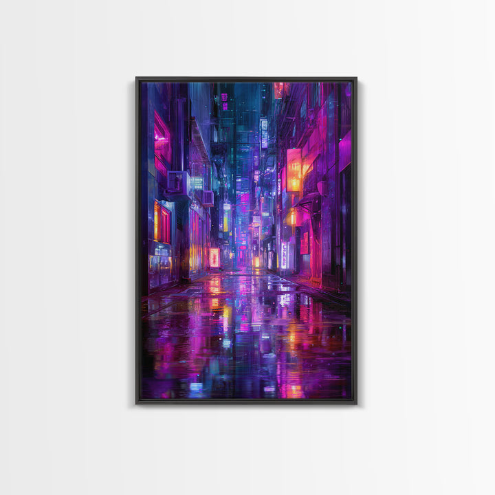 Rain Soaked Alley Canvas Print, Cyberpunk Art, Contemporary Art, Living Room Decor, Abstract Art, Neon, Canvas Wall Art, CYB-2x3-40