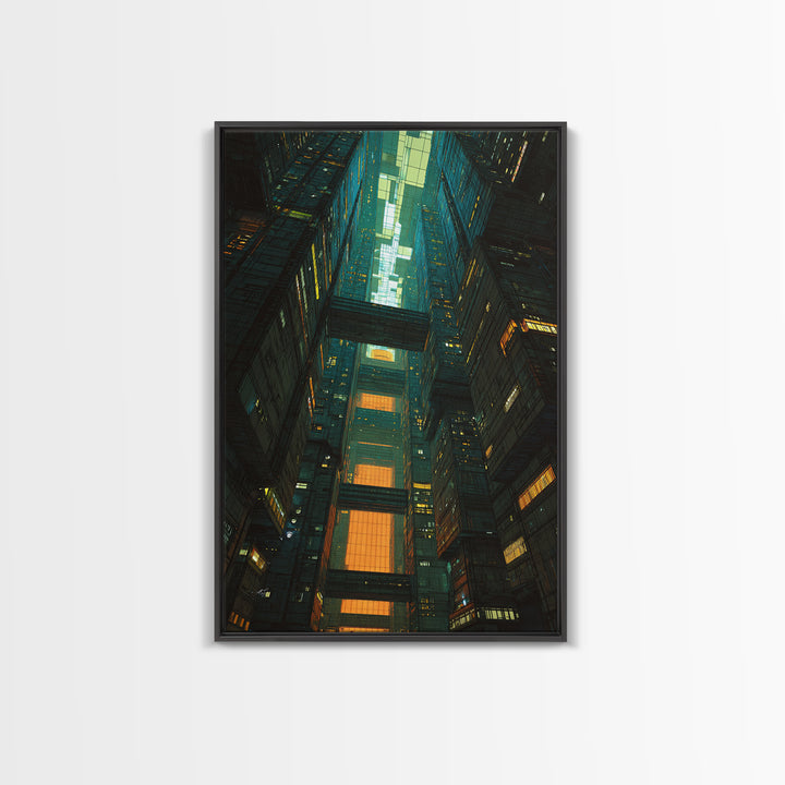 Retro Arcade Dystopia Framed Canvas Print, Cyberpunk Art, Living Room Decor, Watercolor Art, Neon, Japanese Wall Art, CYB-2x3-42