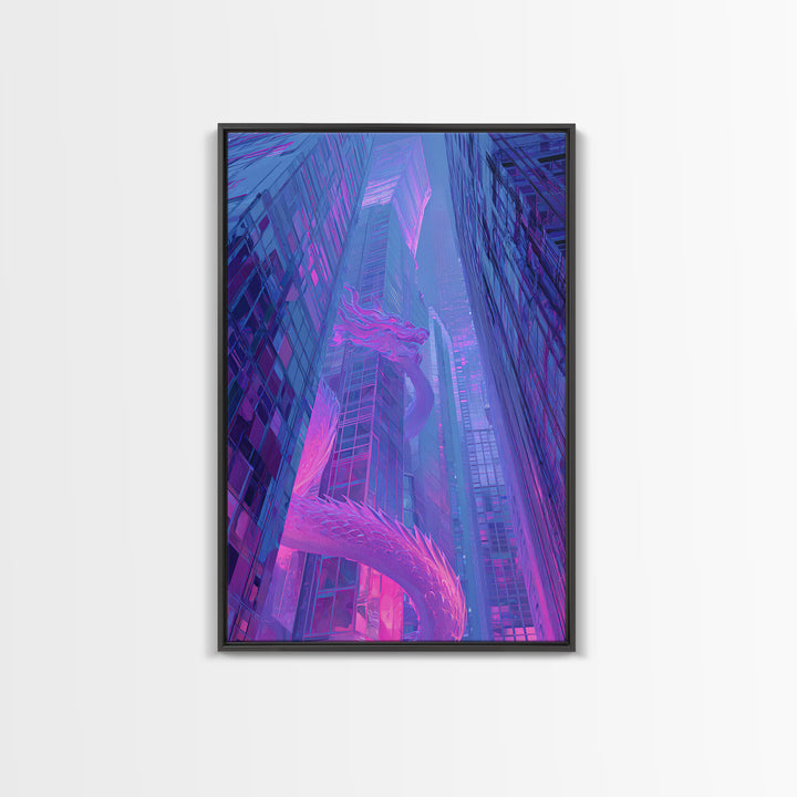 Neon Dragon Wrapped Around Skyscraper Shapes Framed Canvas Print, Cyberpunk Art, Poster, Living Room Decor, Fine Art, Neon, CYB-2x3-46