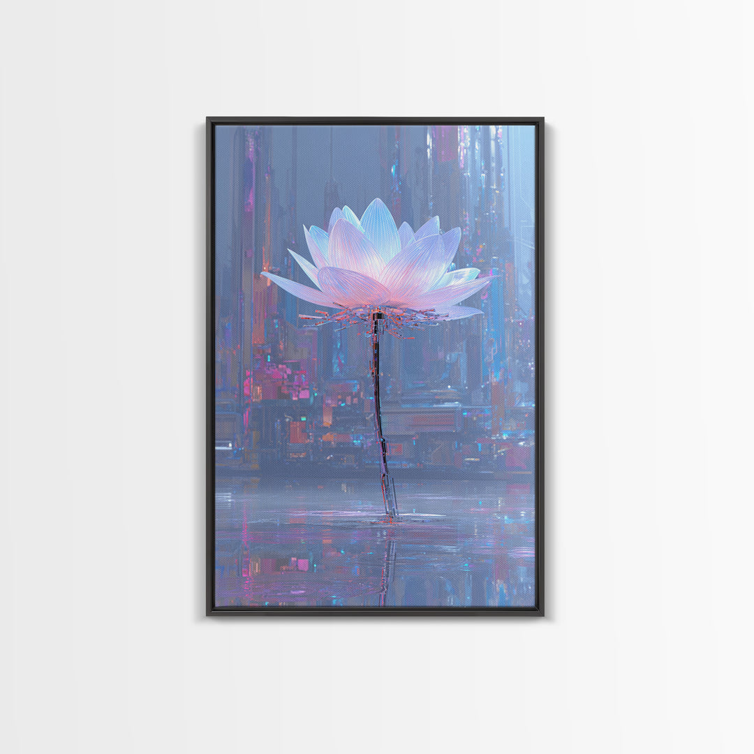 Electric Lotus Flower Canvas Print, Cyberpunk Art, Japanese Wall Art, Living Room Decor, Watercolor Art, Neon, Cyberpunk Helmet, CYB-2x3-49