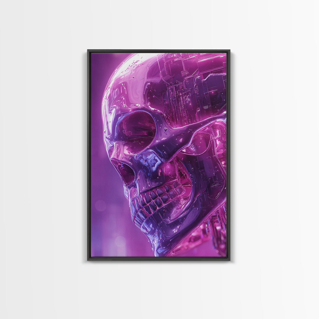 Cyberpunk Skull with Chrome and Violet Light Framed Canvas Print, Cyberpunk Art, Poster, Living Room Decor, Fine Art, Neon, CYB-2x3-52