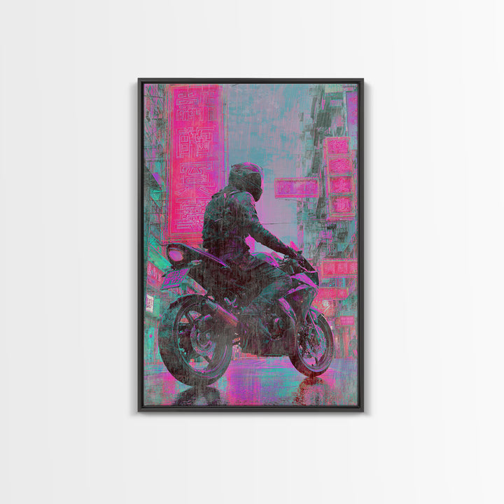 Motorcycle Rider under Holographic Signs Framed Canvas Print, Cyberpunk Art, Gothic Decor, Living Room Decor, Fine Art, Neon, CYB-2x3-60