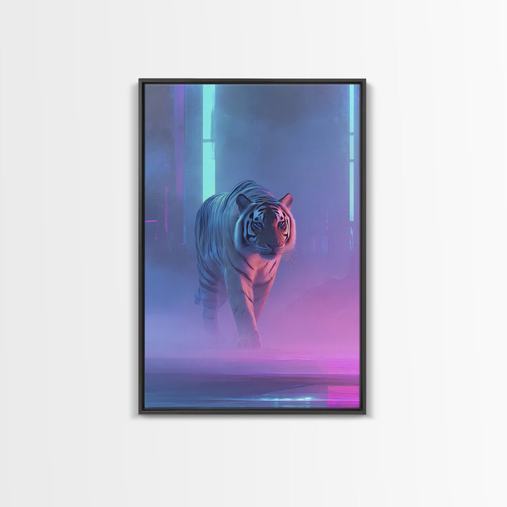 Neon Tiger Emerging from Digital Fog Canvas Print, Cyberpunk Art, Blue Wall Art, Living Room Decor, Neon, Modern Wall Decor, CYB-2x3-65