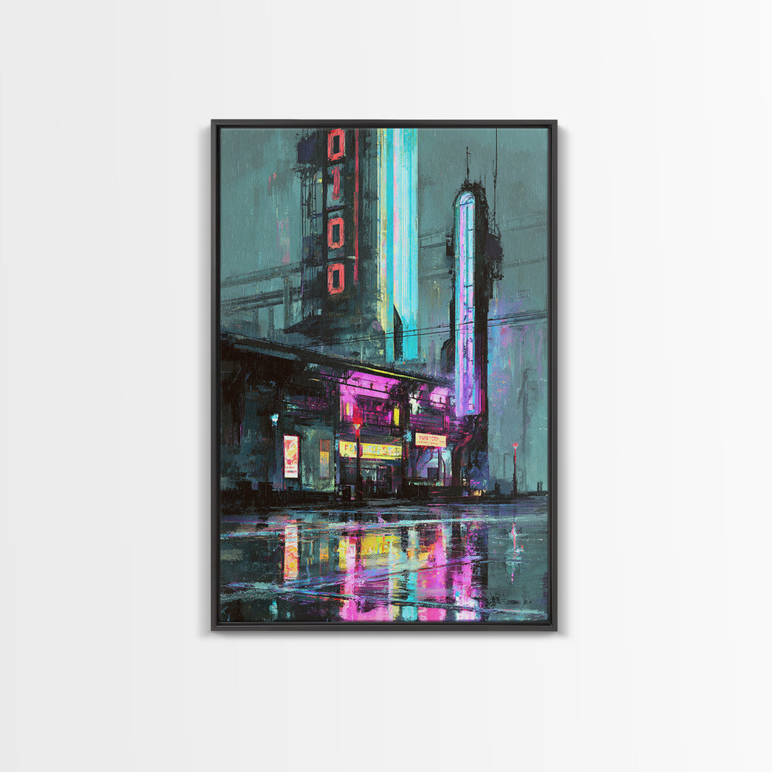 Retro Arcade Dystopia Canvas Print, Cyberpunk Art, Living Room Decor, Oil Painting, Neon, Digital Download Art, CYB-2x3-66