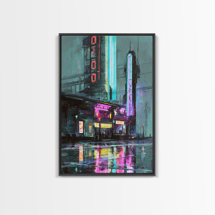 Retro Arcade Dystopia Canvas Print, Cyberpunk Art, Living Room Decor, Oil Painting, Neon, Digital Download Art, CYB-2x3-66