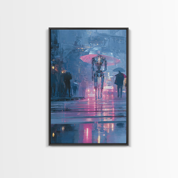 Glowing Umbrella Figure Canvas Print, Cyberpunk Art, Blue Wall Art, Living Room Decor, Fine Art, Neon, Modern Wall Decor, CYB-2x3-71