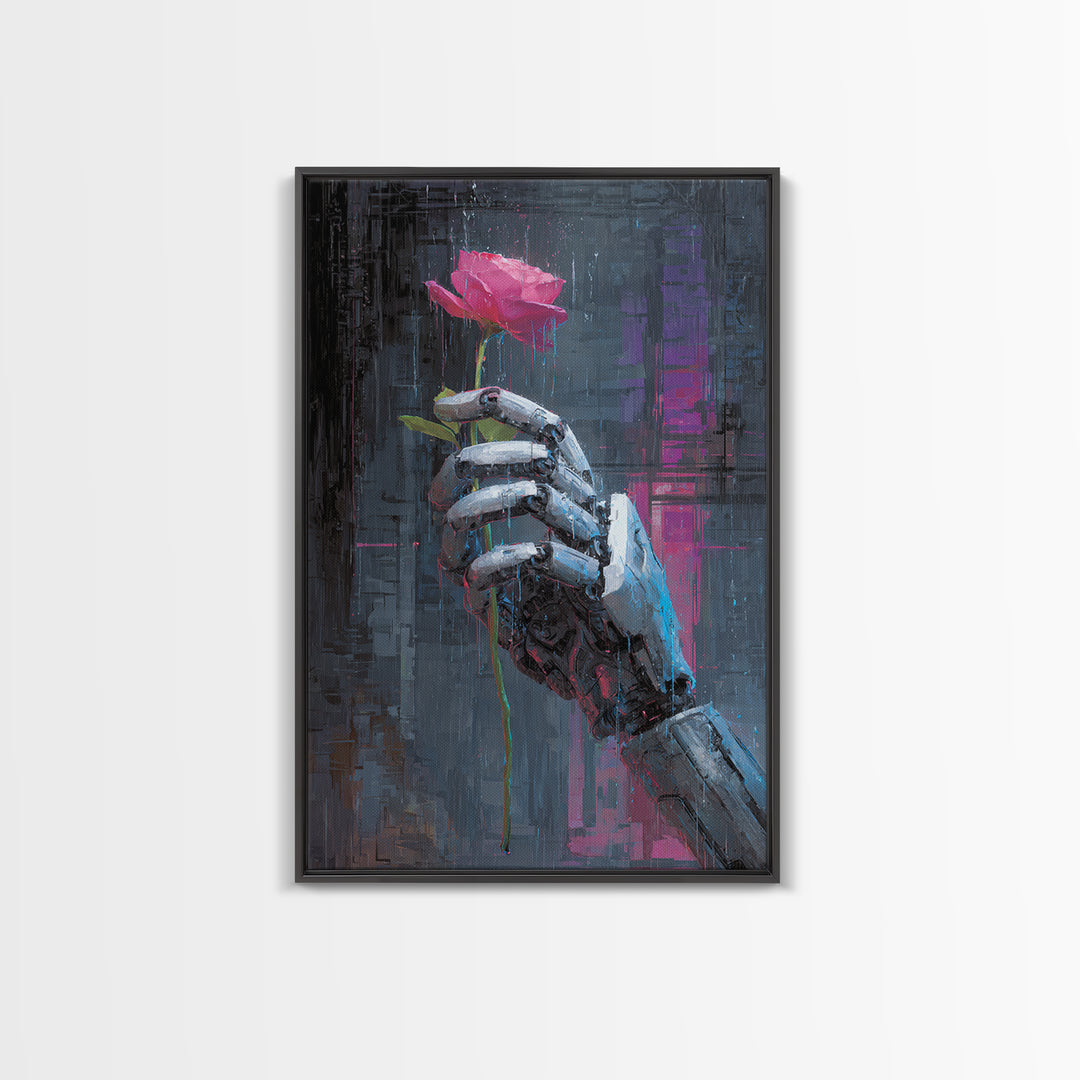 Robotic Hand Holding a Real Rose Canvas Print, Cyberpunk Art, Printable Wall Art, Living Room Decor, Oil Painting, Neon, CYB-2x3-72