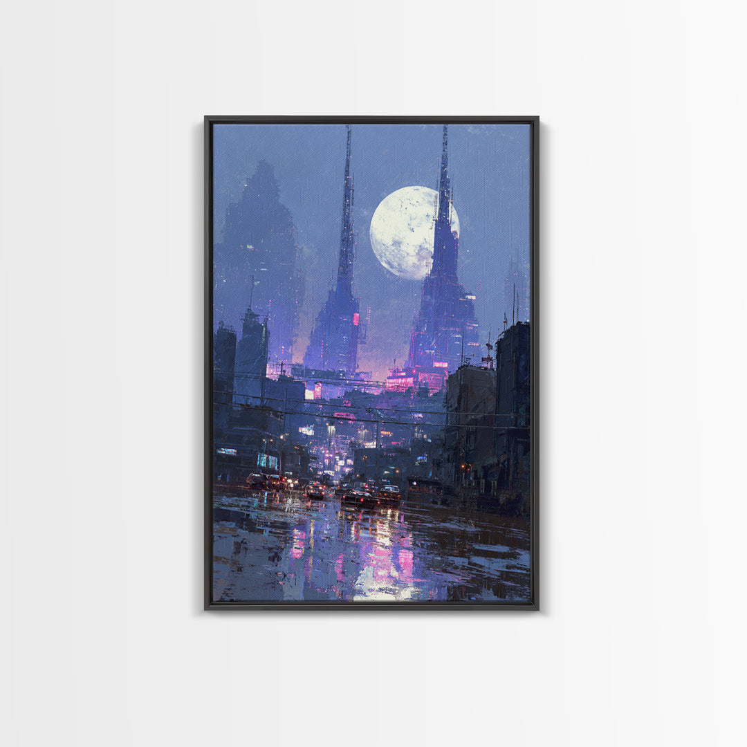 Dystopian Moon over Dense Rooftops Framed Canvas Print, Cyberpunk Art, Digital Wall Art, Living Room Decor, Watercolor Art, CYB-2x3-74