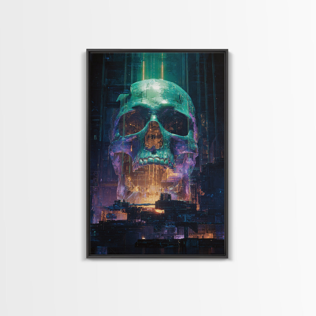 Cyberpunk Skull with Chrome and Violet Light Framed Canvas Print, Cyberpunk Art, Urban Wall Art, Living Room Decor, Neon, CYB-2x3-76