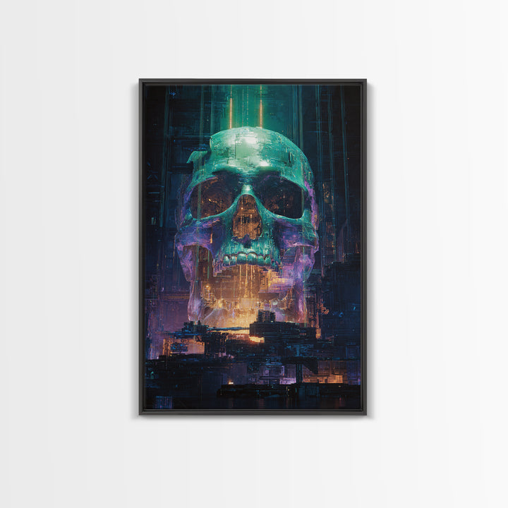Cyberpunk Skull with Chrome and Violet Light Framed Canvas Print, Cyberpunk Art, Urban Wall Art, Living Room Decor, Neon, CYB-2x3-76