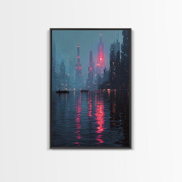 Neon Skyline Reflected Framed Canvas Print, Cyberpunk Art, Gothic Decor, Living Room Decor, Abstract Art, Neon, CYB-2x3-78