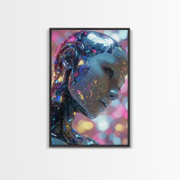 Ai Mask Portrait Framed Canvas Print, Cyberpunk Art, Fantasy Art, Living Room Decor, Oil Painting, Neon, Minimalist Decor, CYB-2x3-8