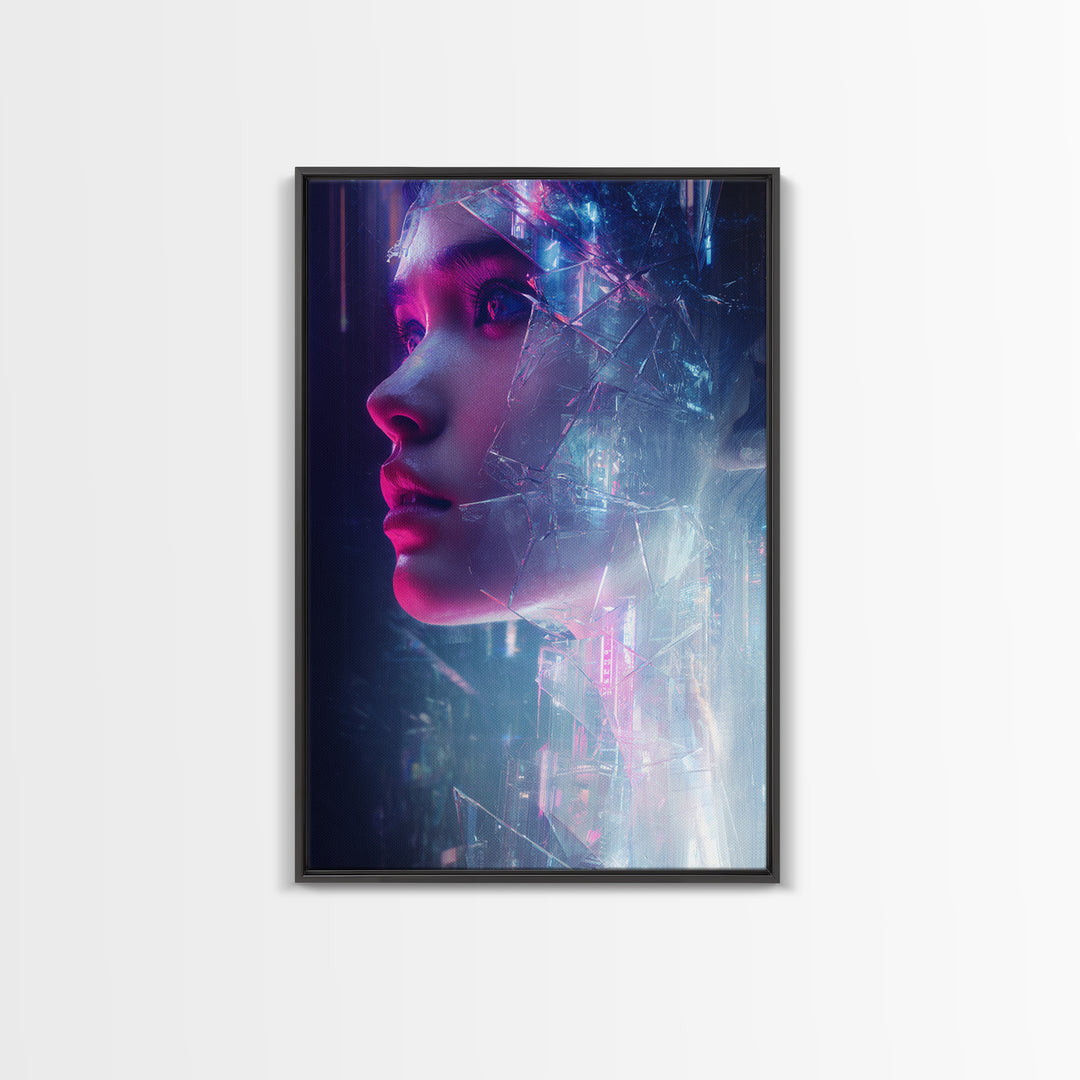 Ai Mask Portrait Framed Canvas Print, Cyberpunk Art, Digital Wall Art, Living Room Decor, Fine Art, Neon, Man Cave Decor, CYB-2x3-80