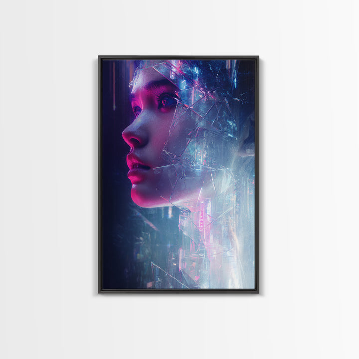 Ai Mask Portrait Framed Canvas Print, Cyberpunk Art, Digital Wall Art, Living Room Decor, Fine Art, Neon, Man Cave Decor, CYB-2x3-80