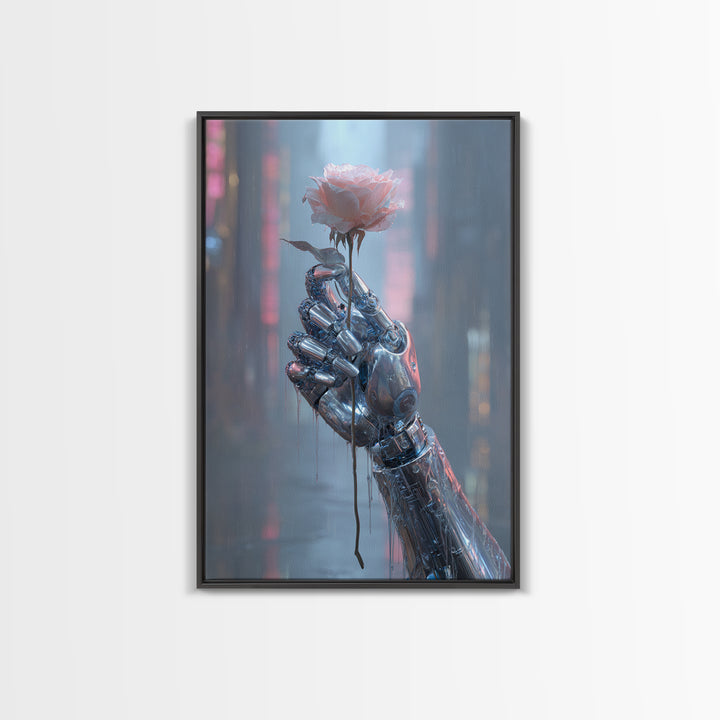 Robotic Hand Holding a Real Rose Canvas Print, Cyberpunk Art, Cool Wall Art, Living Room Decor, Fine Art, Neon, Gallery Decor, CYB-2x3-96