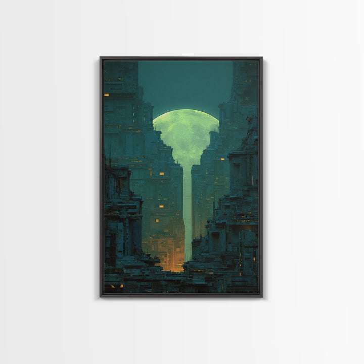 Dystopian Moon over Dense Rooftops Framed Canvas Print, Cyberpunk Art, Digital Wall Art, Living Room Decor, Watercolor Art, CYB-2x3-98