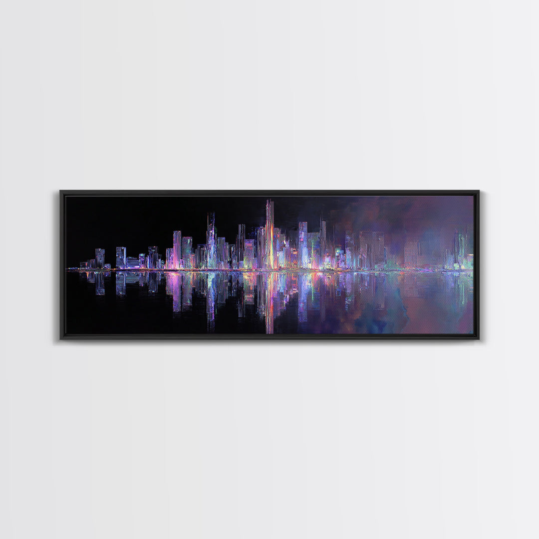 Neon Skyline Reflected Canvas Print, Cyberpunk Art, Modern Decor, Living Room Decor, Abstract Art, Neon, Poster, Wall Decor, CYB-3x1-14