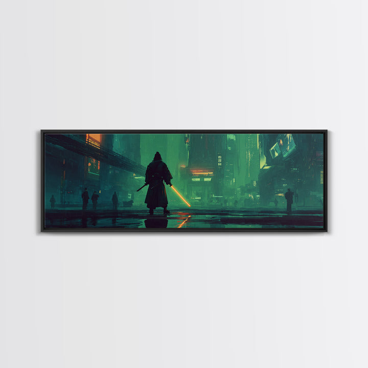 Neon Samurai Portrait Framed Canvas Print, Cyberpunk Art, Space Art, Living Room Decor, Oil Painting, Neon, Cyberpunk Wall Art, CYB-3x1-17