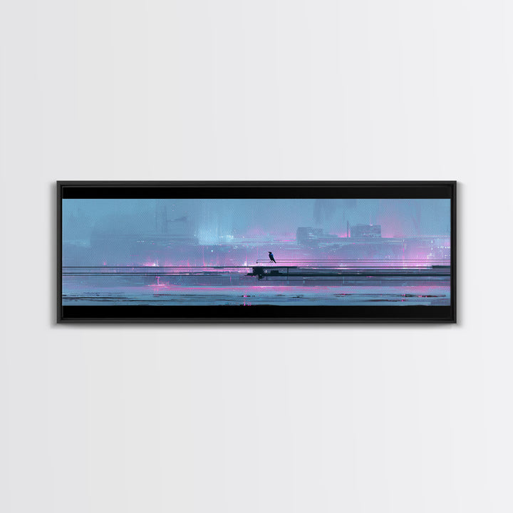 Cybernetic Raven Perched on a Cable Framed Canvas Print, Cyberpunk Art, Textured Painting, Living Room Decor, Fine Art, Neon, CYB-3x1-27