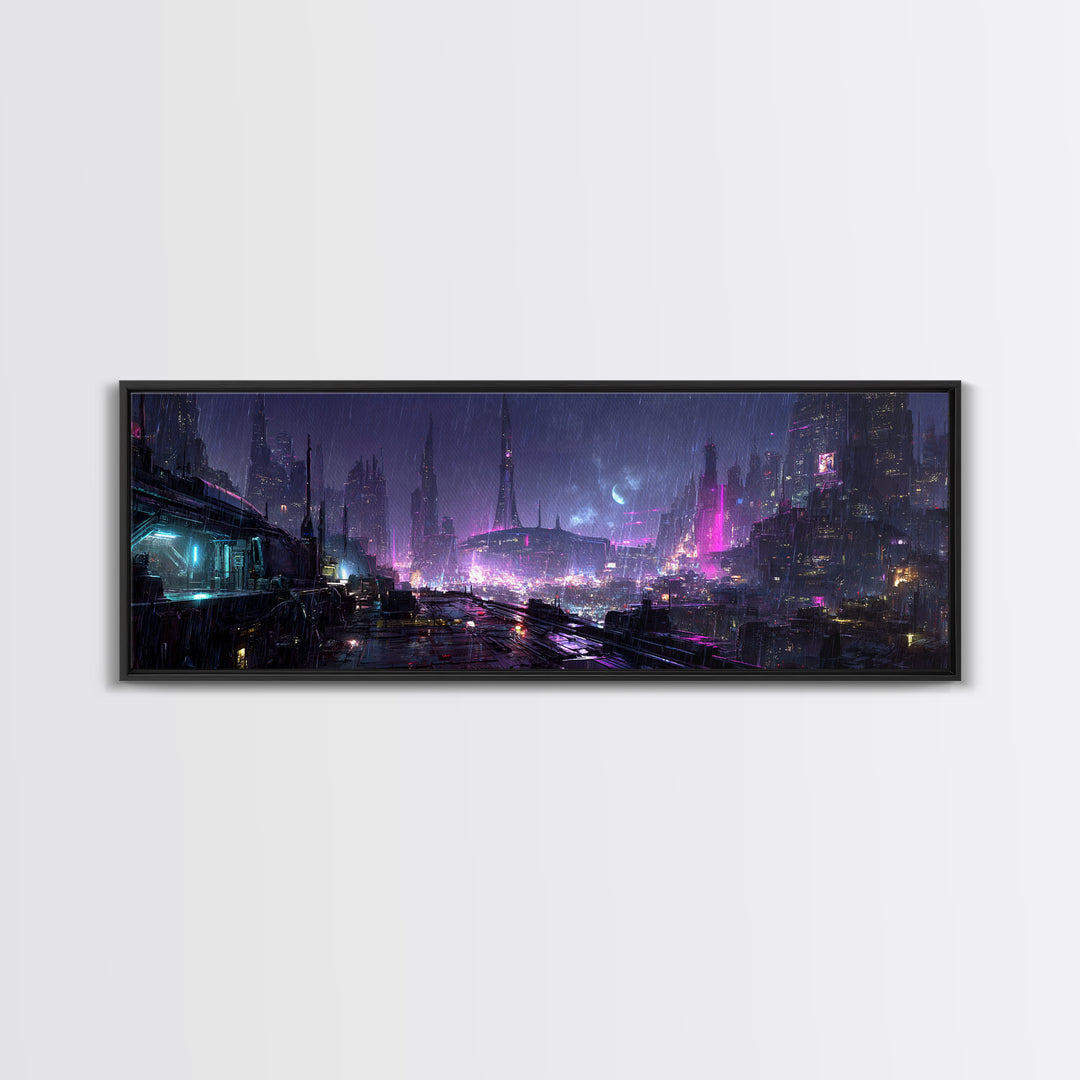 Dystopian Moon over Dense Rooftops Canvas Print, Cyberpunk Art, Canvas Wall Art, Living Room Decor, Abstract Art, Neon, CYB-3x1-34