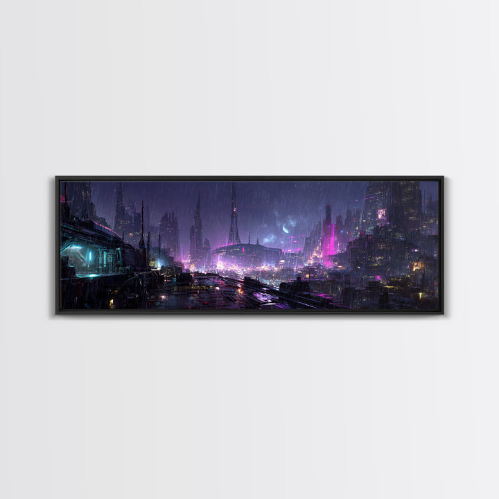Dystopian Moon over Dense Rooftops Canvas Print, Cyberpunk Art, Canvas Wall Art, Living Room Decor, Abstract Art, Neon, CYB-3x1-34