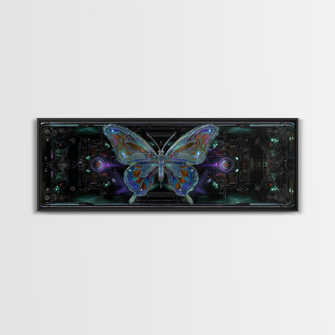 Holographic Butterfly over Black Metal Surface Canvas Print, Cyberpunk Art, Minimalist Decor, Living Room Decor, Fine Art, Neon, CYB-3x1-35