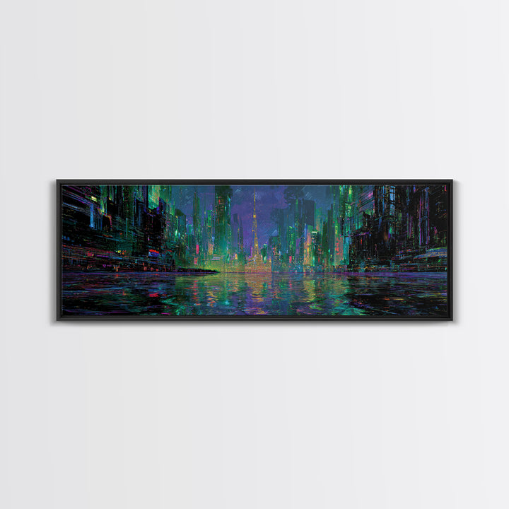 Neon Skyline Reflected Canvas Print, Cyberpunk Art, Abstract Art, Living Room Decor, Neon, Urban Wall Art, Cyberpunk Helmet, CYB-3x1-38