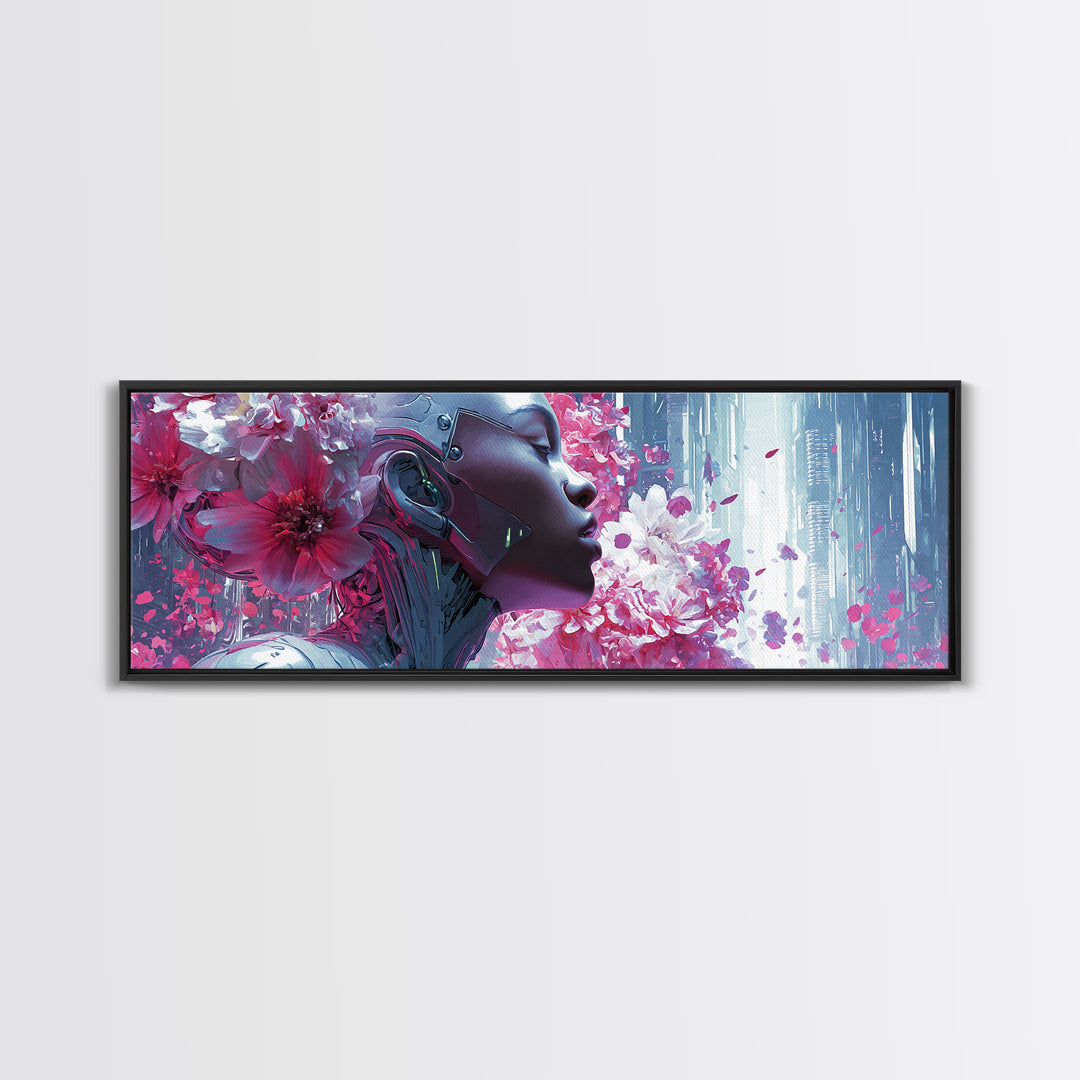 Android Woman with Glowing Circuitry and Flowers Canvas Print, Cyberpunk Art, Digital Art, Living Room Decor, Fine Art, Neon, CYB-3x1-43