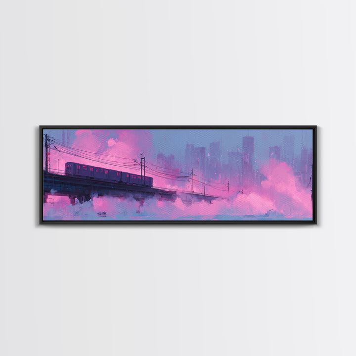 City Train Rushing Through Pink Electric Haze Framed Canvas Print, Cyberpunk Art, Japanese Art, Living Room Decor, CYB-3x1-5