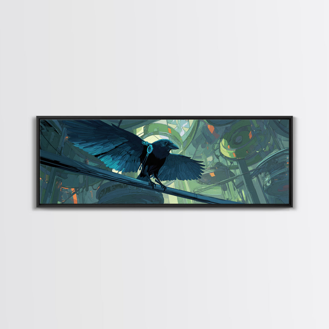 Cybernetic Raven Perched on a Cable Framed Canvas Print, Cyberpunk Art, Cyberpunk 2077, Living Room Decor, Fine Art, Neon, CYB-3x1-51