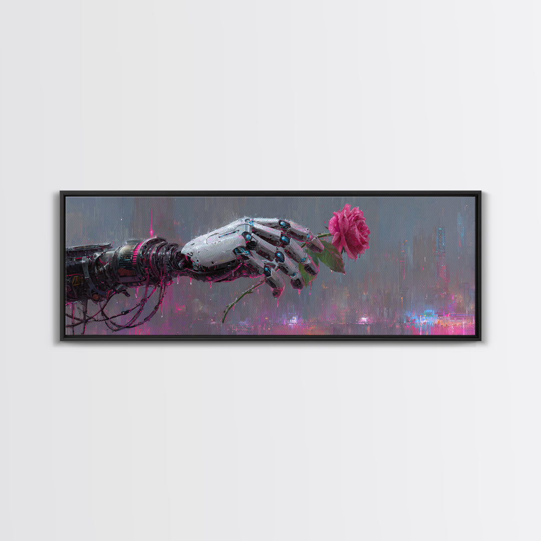 Robotic Hand Holding a Real Rose Framed Canvas Print, Cyberpunk Art, Minimalist Decor, Living Room Decor, Fine Art, Neon, CYB-3x1-56