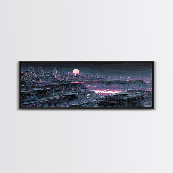 Dystopian Moon over Dense Rooftops Framed Canvas Print, Cyberpunk Art, Blue Wall Art, Living Room Decor, Fine Art, Neon, CYB-3x1-58